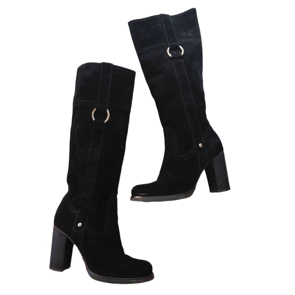 Guess Black Suede Knee High Boots Size 7 M Tall Western Moto Boots